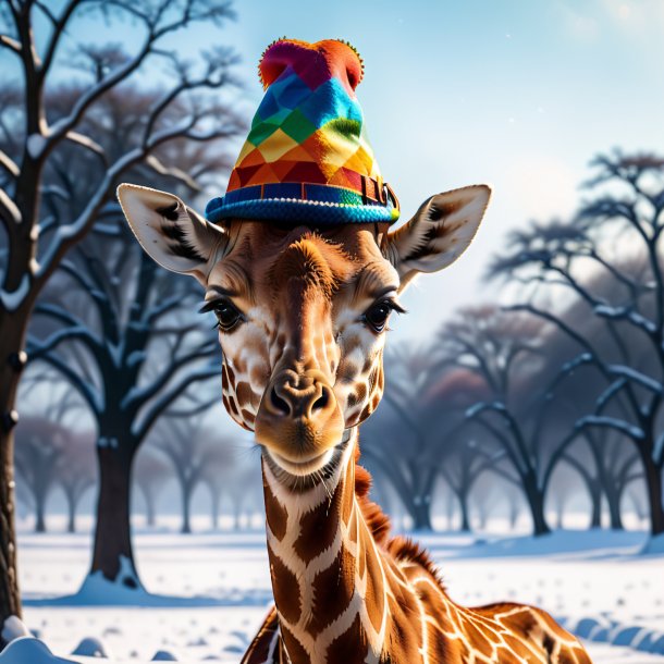 Photo of a giraffe in a hat in the snow