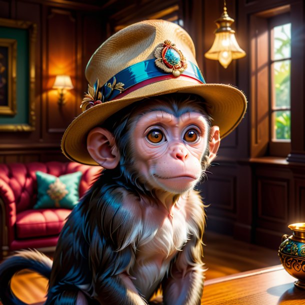 Illustration of a monkey in a hat in the house