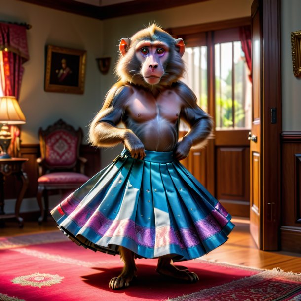 Picture of a baboon in a skirt in the house