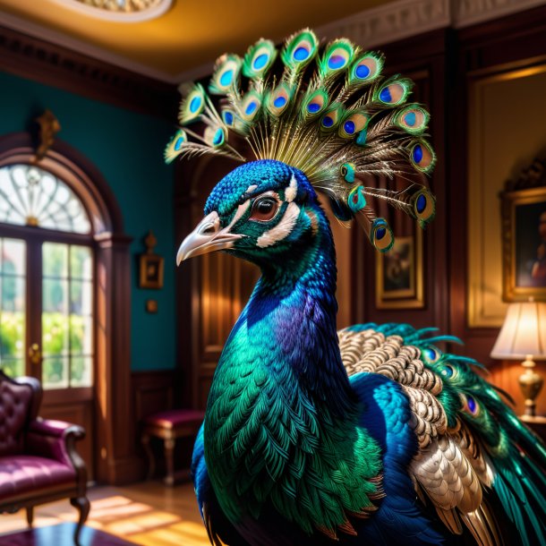 Picture of a peacock in a cap in the house