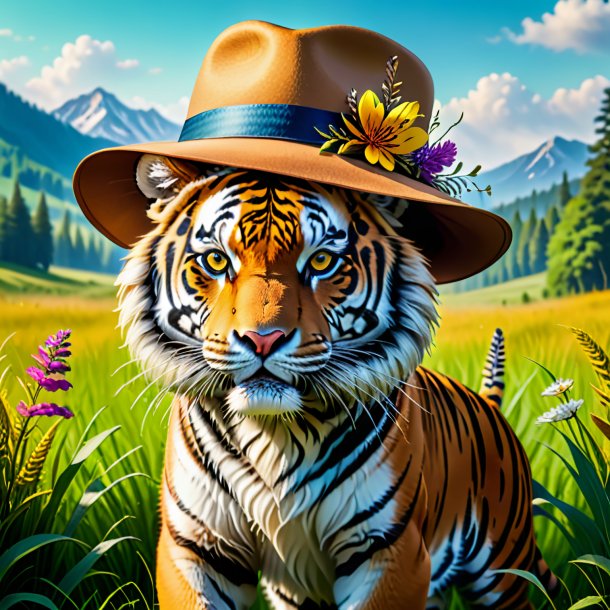 Image d'un tigre dans un chapeau dans la prairie