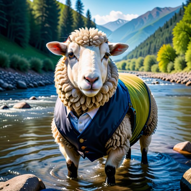 Foto de la oveja en el chaleco en el río