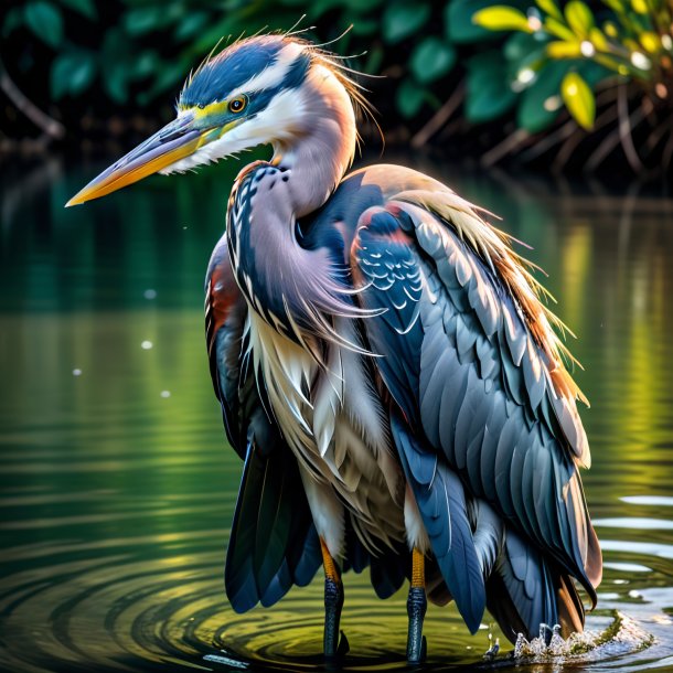 Pic d'un héron dans une veste dans l'eau