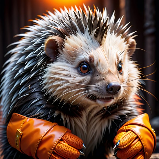 Foto de un puercoespín en guantes de naranja