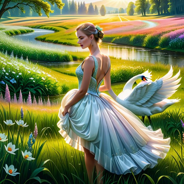 Drawing of a swan in a dress in the meadow