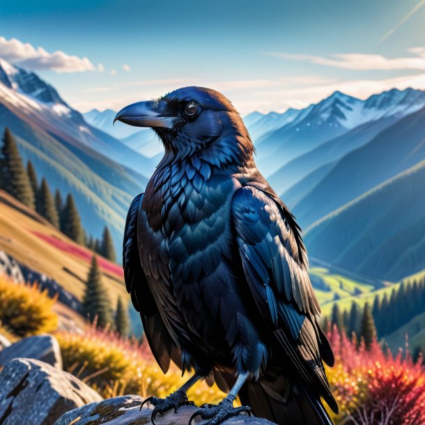 Photo of a crow in a coat in the mountains