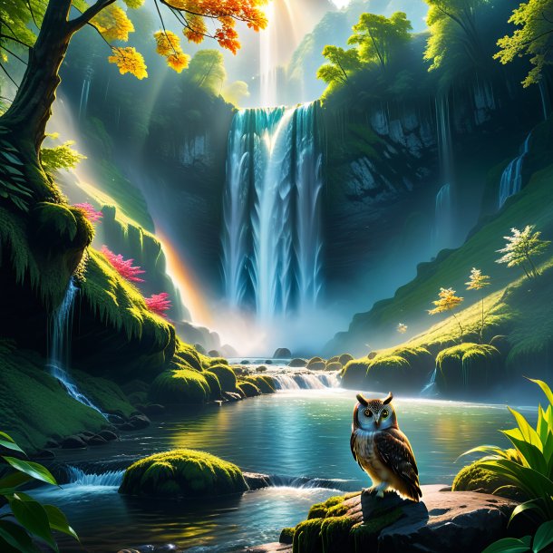 Image of a waiting of a owl in the waterfall