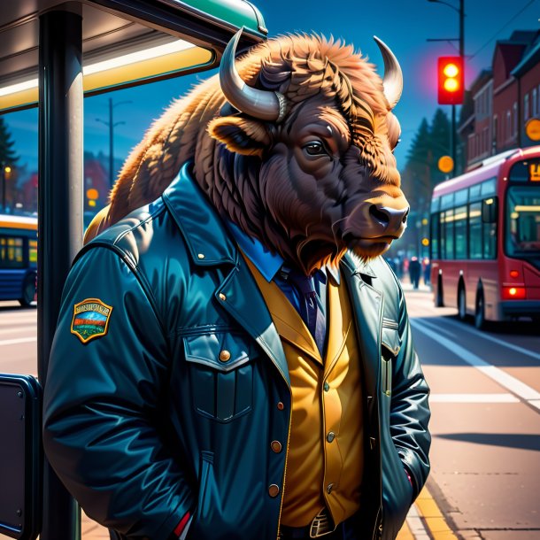 Illustration of a bison in a jacket on the bus stop