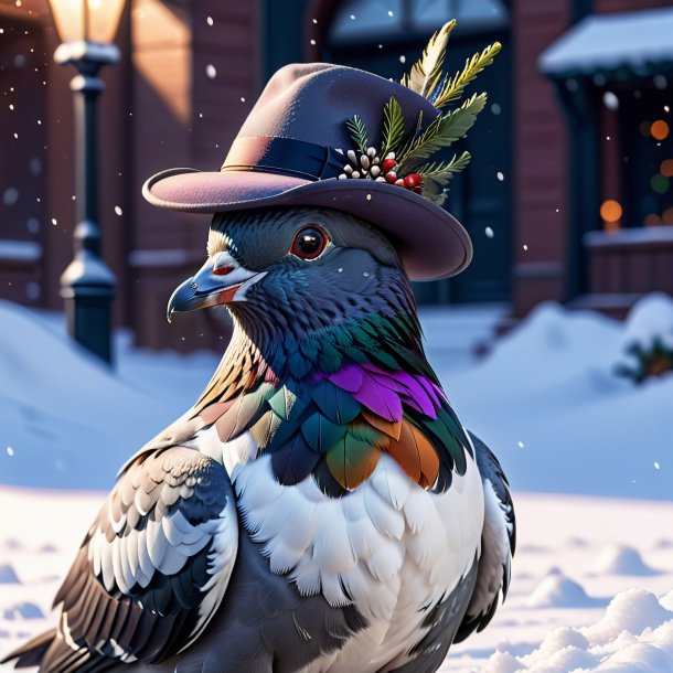 Illustration d'un pigeon dans un chapeau dans la neige