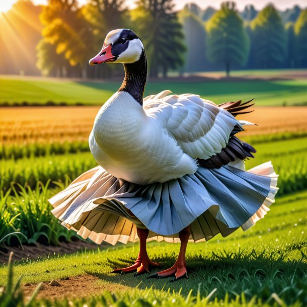 Photo of a goose in a skirt on the field