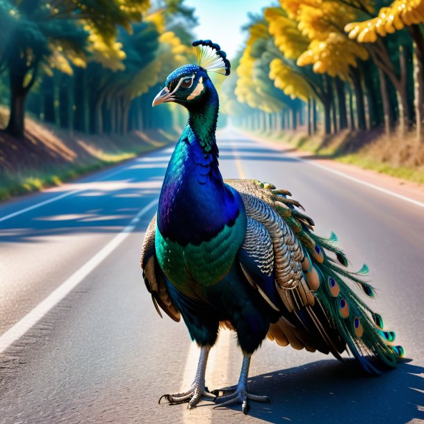 Photo of a peacock in a vest on the road