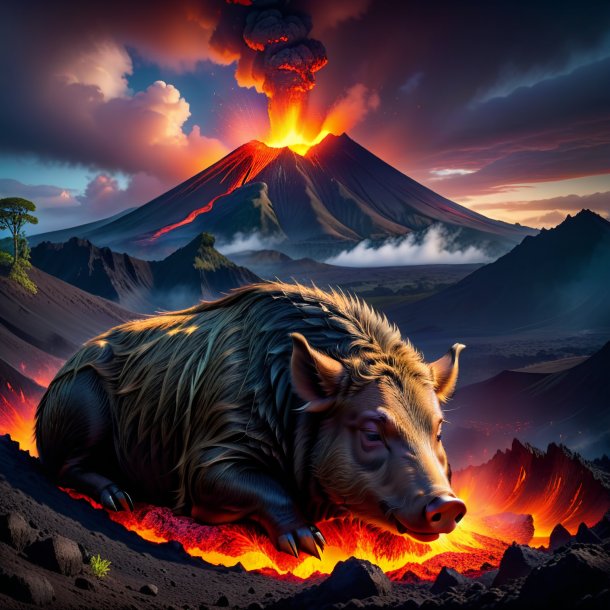 Photo of a sleeping of a boar in the volcano