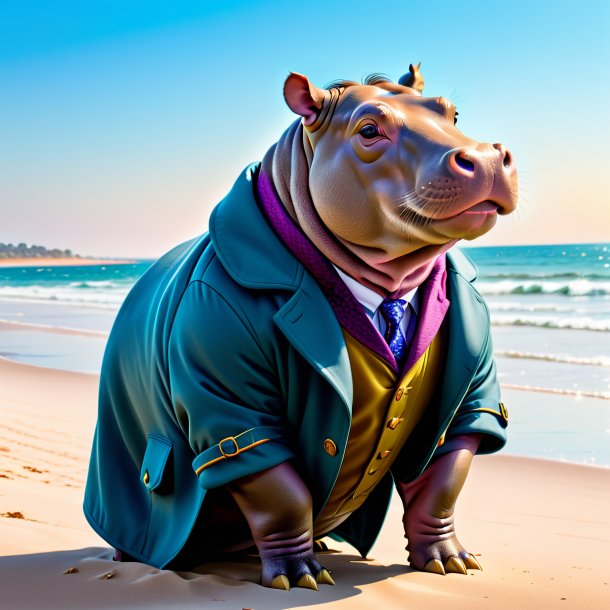 Image d'un hippopotame en manteau sur la plage