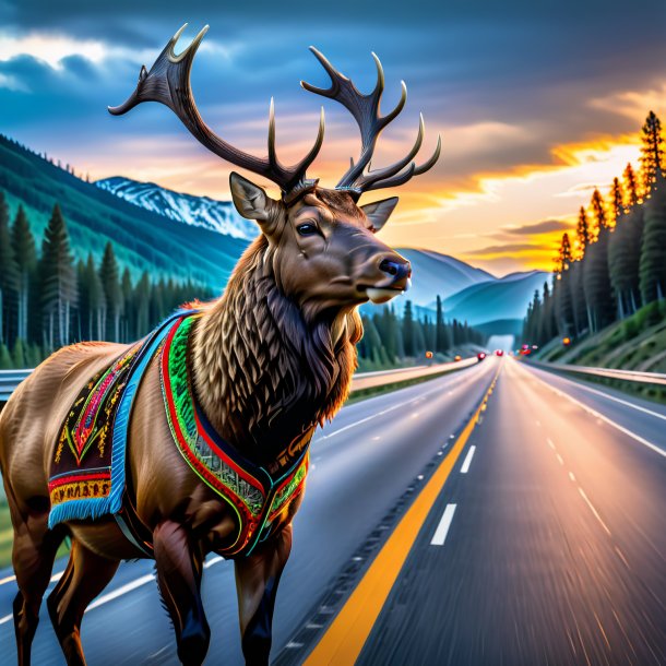 Image of a elk in a vest on the highway