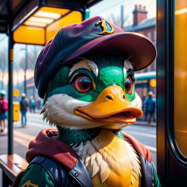 Imagem de um pato em um boné no ponto de ônibus