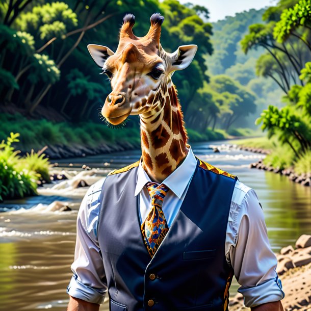 Picture of a giraffe in a vest in the river