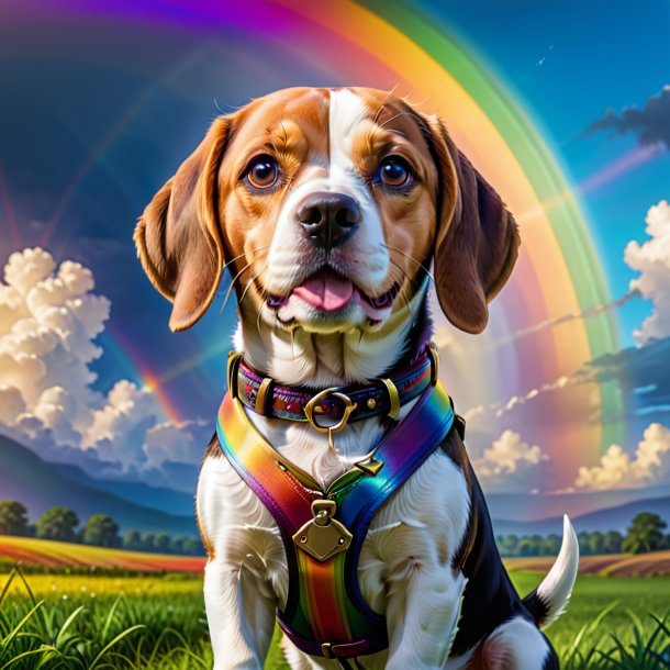 Picture of a beagle in a belt on the rainbow