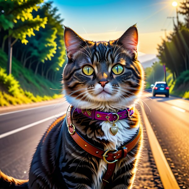 Foto de un gato en un cinturón en el camino