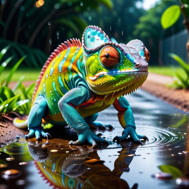 Picture of a threatening of a chameleon in the puddle