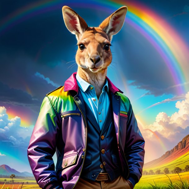 Illustration of a kangaroo in a jacket on the rainbow