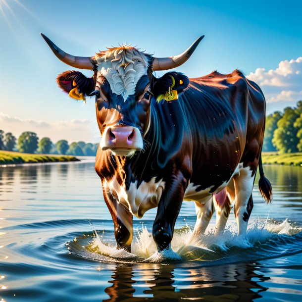 Photo of a cow in a coat in the water