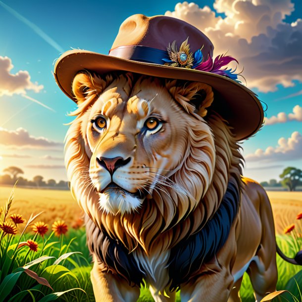 Dessin d'un lion dans un chapeau sur le champ