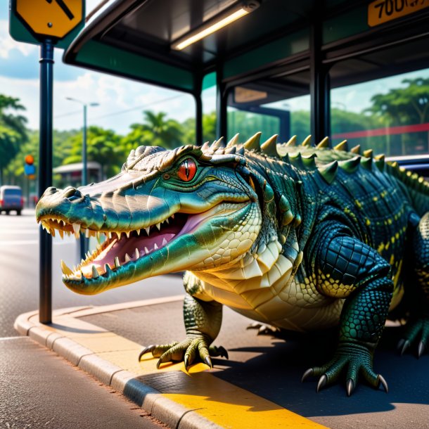 Foto de uma ameaça de um crocodilo na parada de ônibus