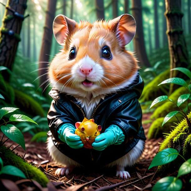 Image of a hamster in a gloves in the forest