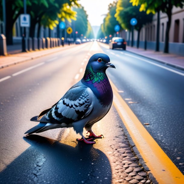 Foto de uma natação de um pombo na estrada