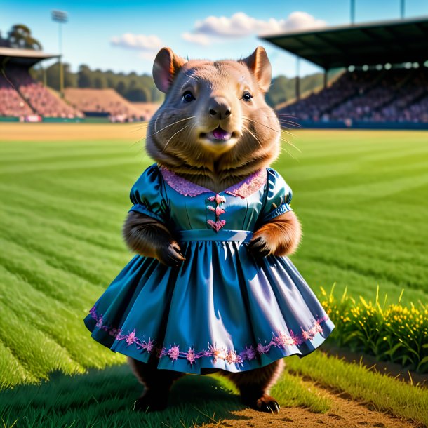 Image of a wombat in a dress on the field