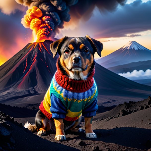 Imagen de un perro en un suéter en el volcán