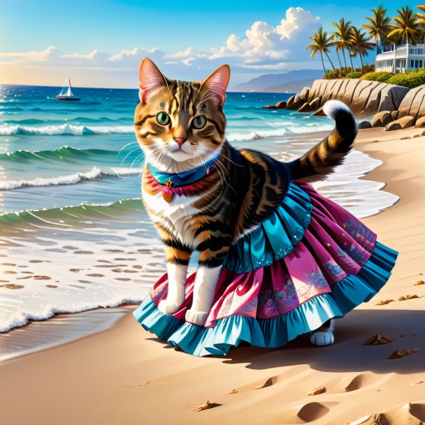 Dessin d'un chat dans une jupe sur la plage