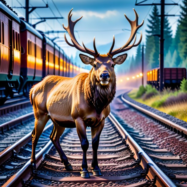 Image of a elk in a gloves on the railway tracks