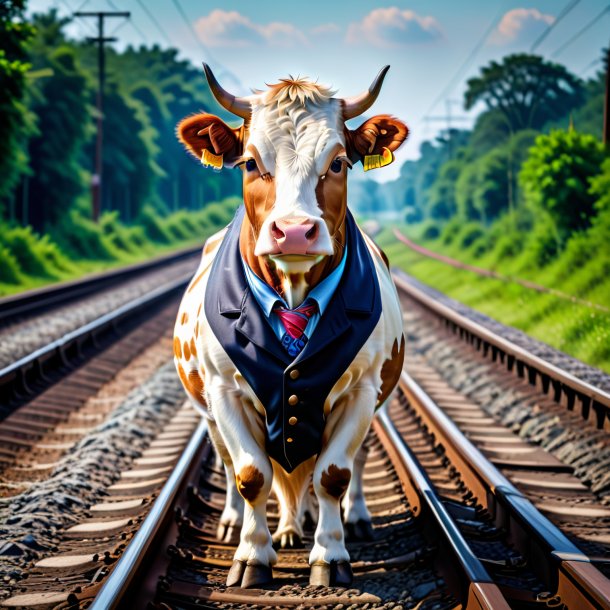 Photo of a cow in a vest on the railway tracks