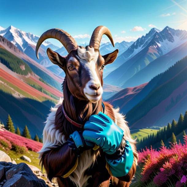 Picture of a goat in a gloves in the mountains