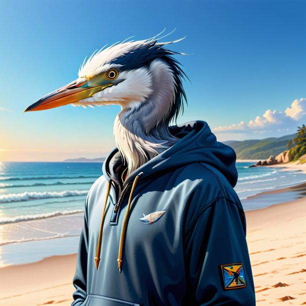 Illustration of a heron in a hoodie on the beach