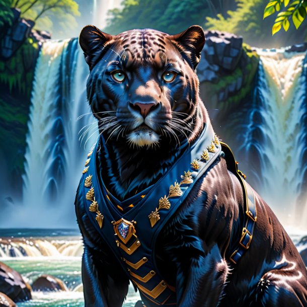 Photo of a panther in a vest in the waterfall