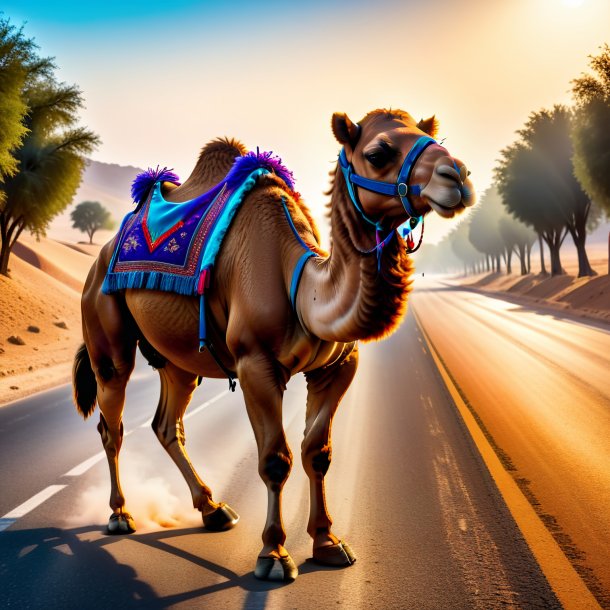 Picture of a camel in a gloves on the road