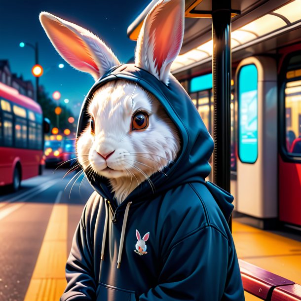 Photo of a rabbit in a hoodie on the bus stop