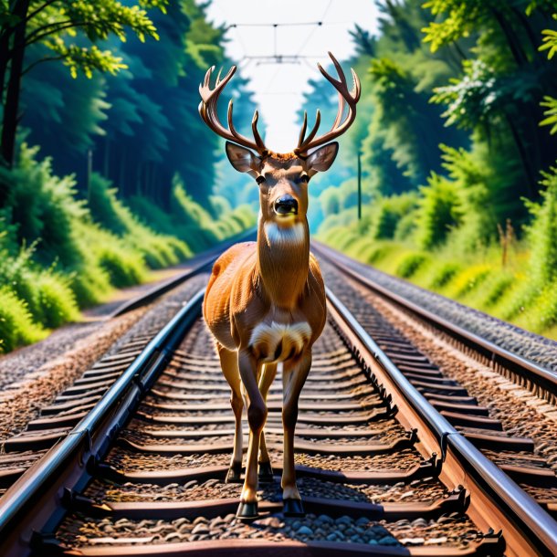 Image of a deer in a belt on the railway tracks