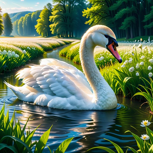 Image of a swimming of a swan in the meadow