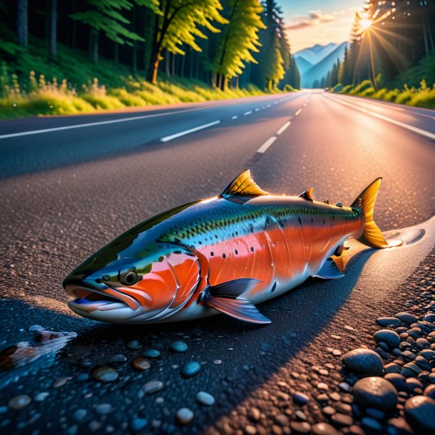 Foto de um sono de um salmão na estrada