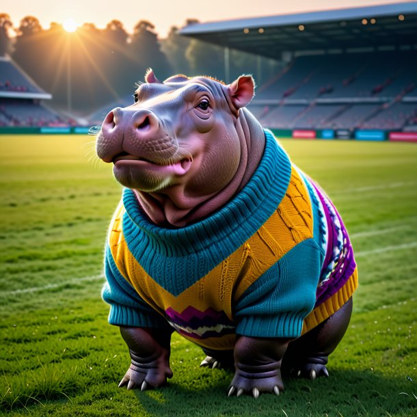 Pic of a hippopotamus in a sweater on the field