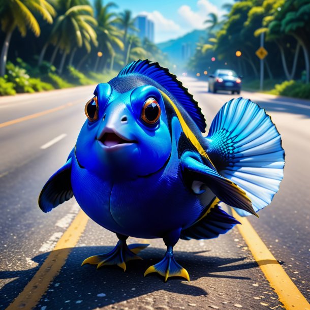 Picture of a blue tang in a dress on the road