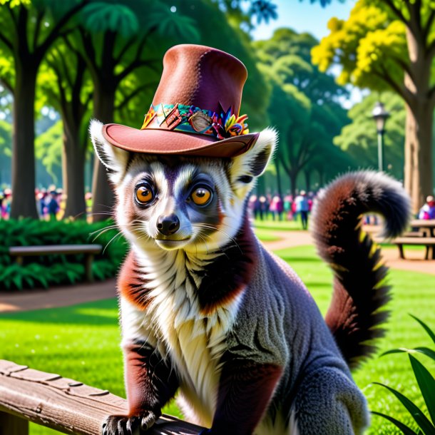 Image of a lemur in a hat in the park