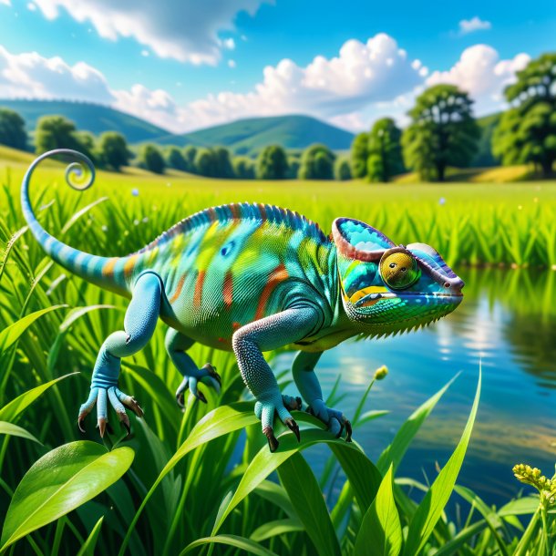 Photo of a swimming of a chameleon in the meadow