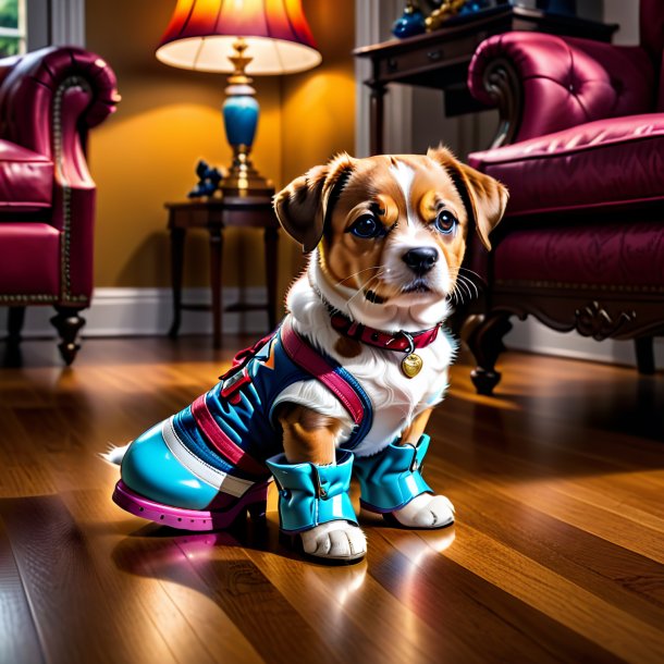 Pic d'un chien dans une chaussure dans la maison