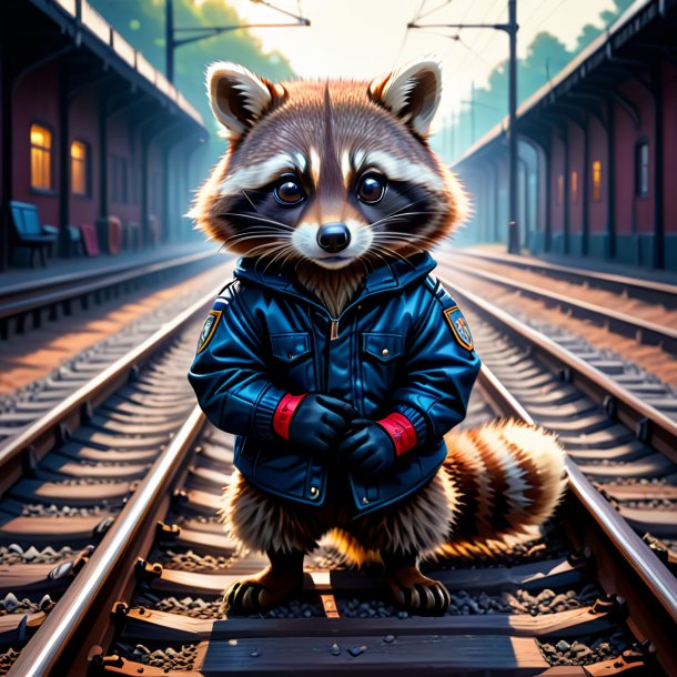 Drawing of a raccoon in a gloves on the railway tracks