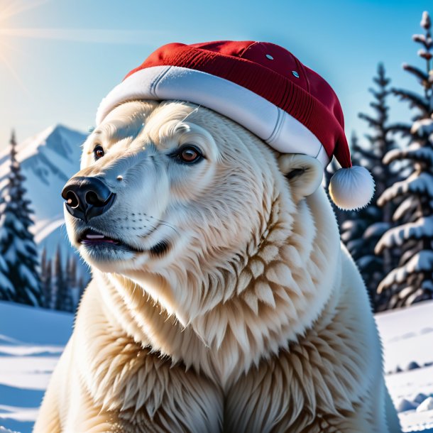 Foto de um urso polar em um boné na neve