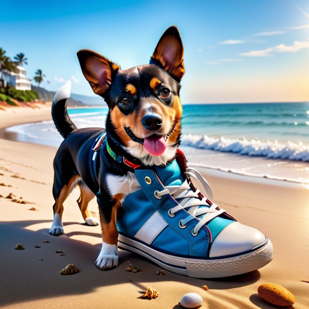 Foto de um cão em um sapatos na praia